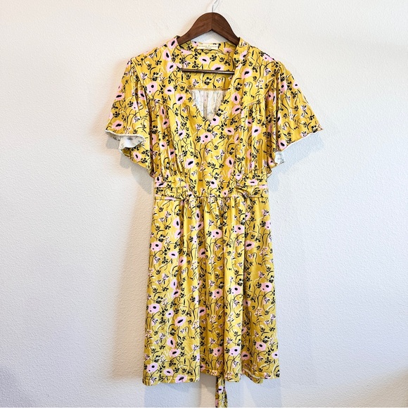 Wayward Fancies eShakti 2X 20W Yellow Floral Midi Dress Cotton Flutter Sleeve - Picture 1 of 11